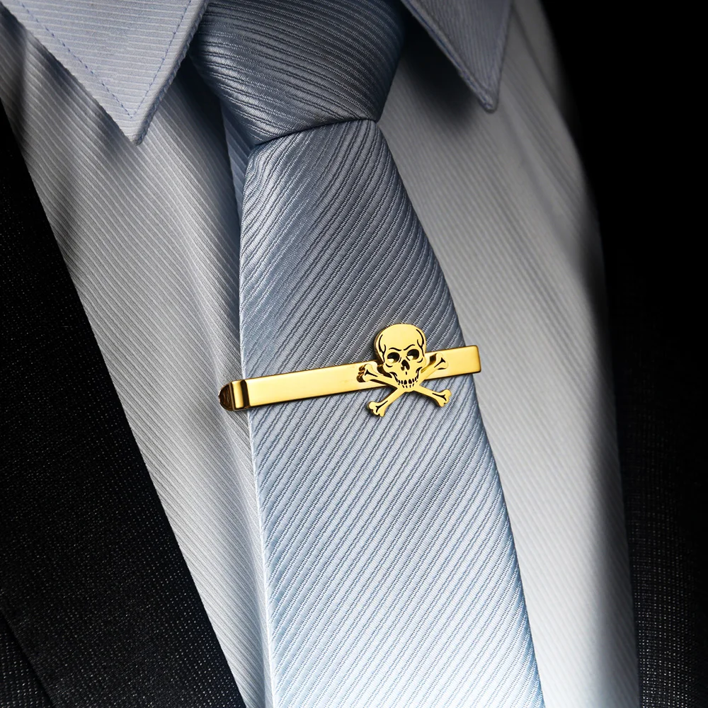 Tangula Punk Skull Head Stainless Steel Tie Clip For Men Fashion Shirt Business Party Accessories Halloween Gift