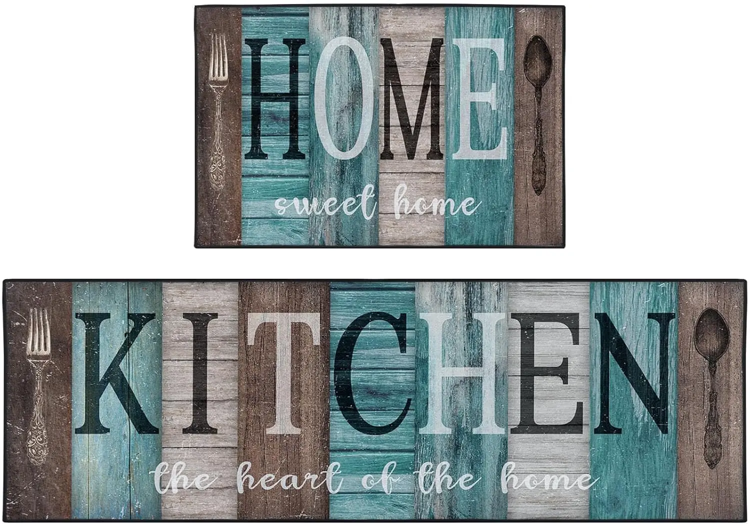 

Non Skid Washable Kitchen Rugs Set of 2, Turquoise Teal Vintage Farmhouse Floor Mats, Sweet Heart Runner Rug for Rustic Decor