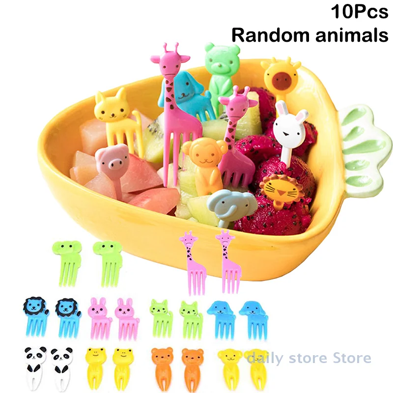 

10Pcs Cartoon Fruit Fork Bear Christmas Bow For Children Box Pick Animal Toothpick Mini Cupcake Stick Fruit Cake Dessert Fork