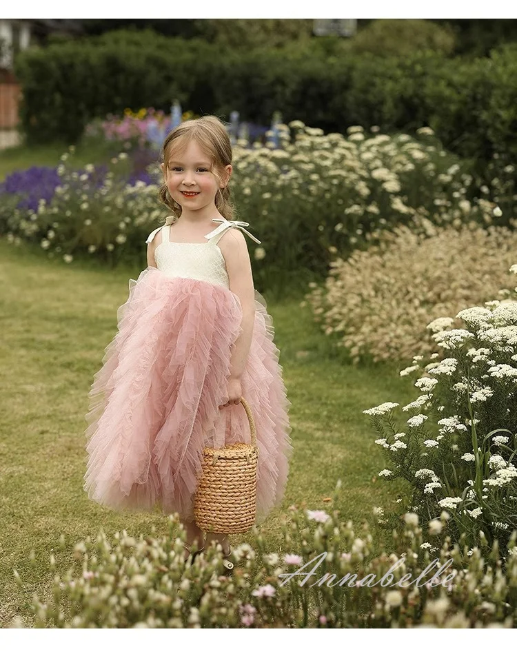 Annabelle Pink Flower Girl Dress Spaghetti Strap Puffy Dresses For Kids Girl Tulle Cute Priness Dress For Birthday Party