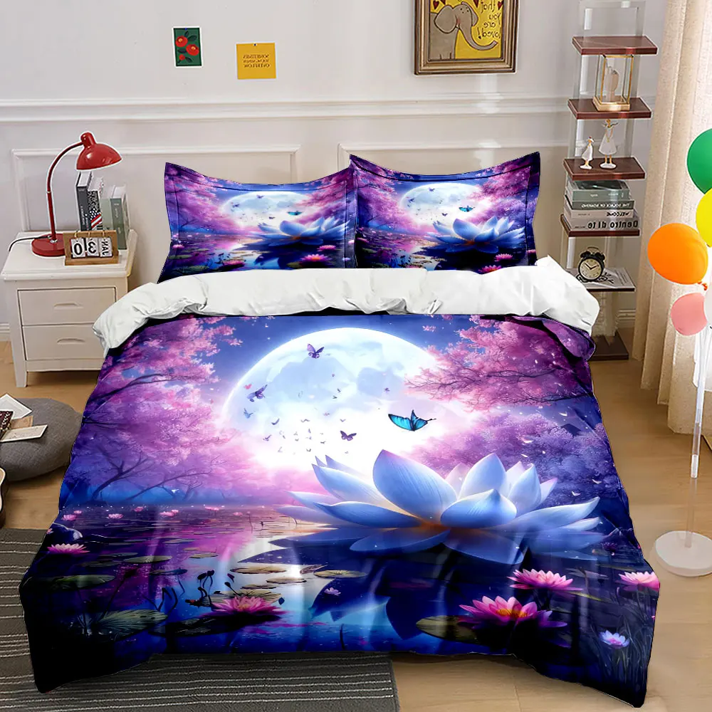 Moonlight Lotus Floral Decor Set Bedding Set with 1 Duvet Cover 2 Pillowcases Single Double King Queen, Gift