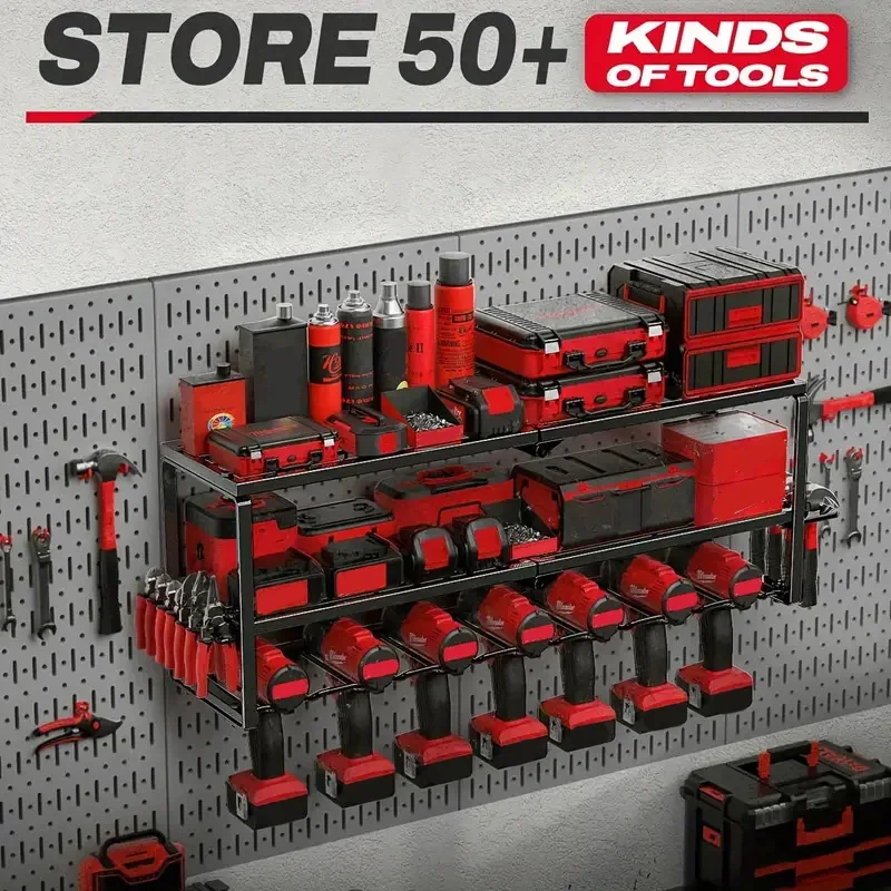 3-Tier 7 Drills Holder Large Power Tool Organizer Wall Mount Heavy Duty Tool Storage Battery Shelf for Workshop Garage Organizer
