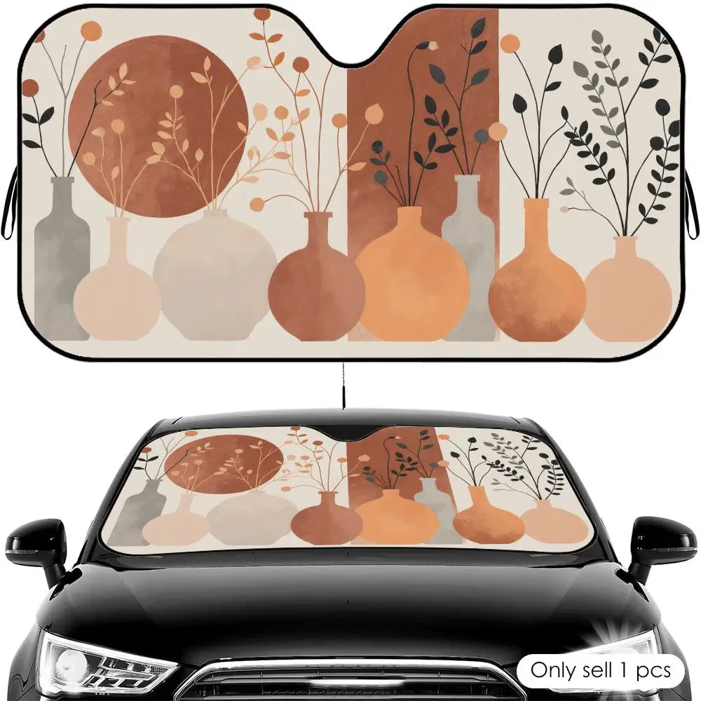 Vintage Boho Vase Floral Sun Visor Foldable Universal Car Windshield Sun Shade UV Protection Heat Insulation Foldable Cover