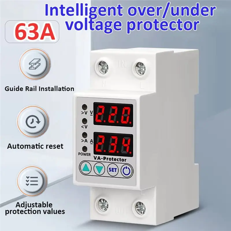 ABJN-Current Protection 220V 63A Din Rail Adjustable Digital Over Under Voltage Surge Protector Relay Reset Protection Device