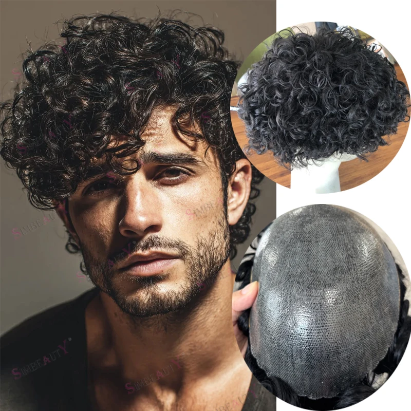 

Мужские парики Long Last 20 мм с кудрявыми волосами из 100% натуральных человеческих волос, незаметные, натурального черного цвета, с серыми и коричневыми кудрявыми волосами, на полной кожаной основе