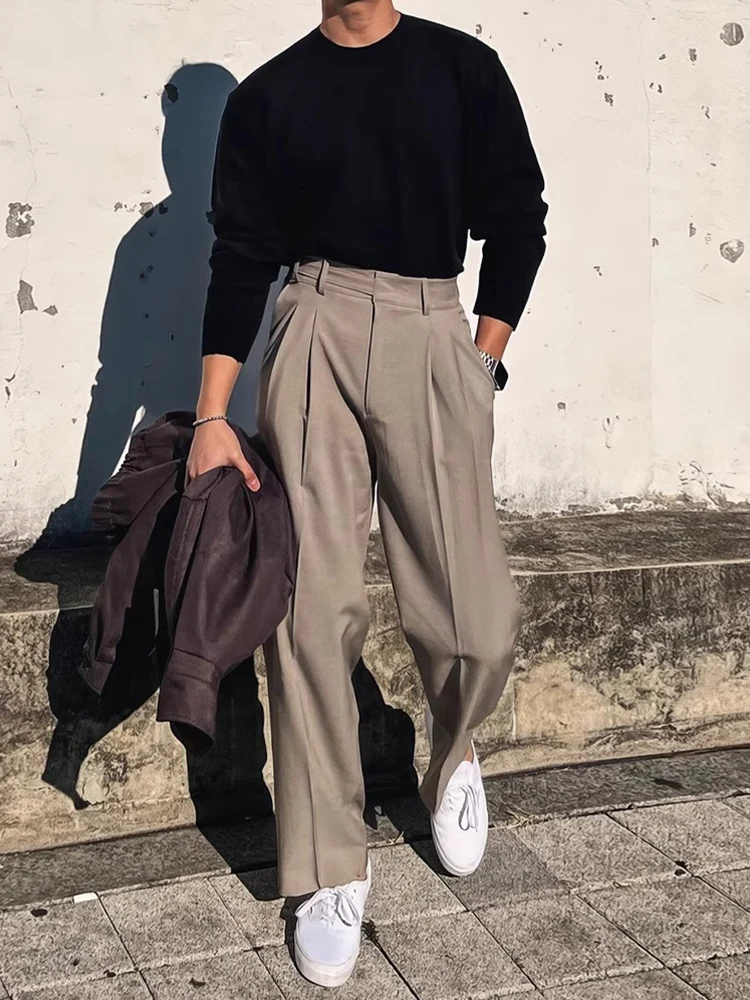 Streetwear Fashion Mens Suit Pants 2025 Spring Summer Casual Loose Straight Trousers Men Vintage Solid Belt-up High Waist Pants