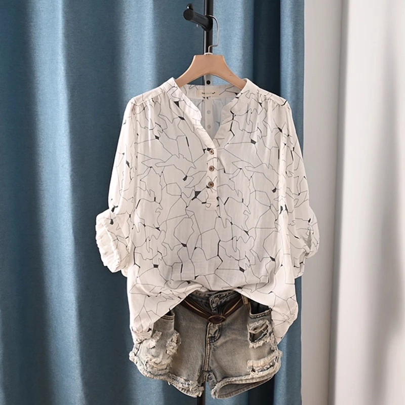 

Enianechu Middle-aged women's clothes 100% cotton yarn pink green red blue white geometric print shirts short sleeve blouses