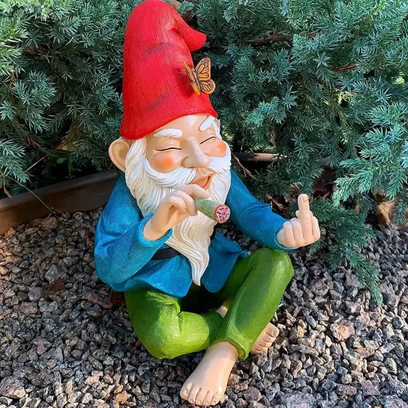 

Dwarf Night Light Garden Elf Ornament, Featuring A Smoking and Meditation Theme with Rude Gesture Posture Courtyard Decoration