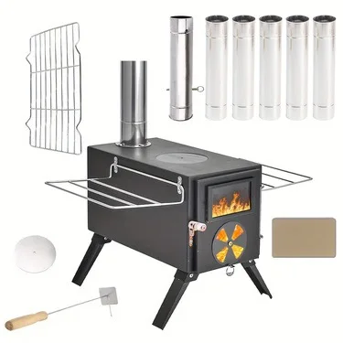 Folding outdoor cooking tent with stainless steel and iron stoves for camping barbecue and entertainment, wood fuel 6.5 kg
