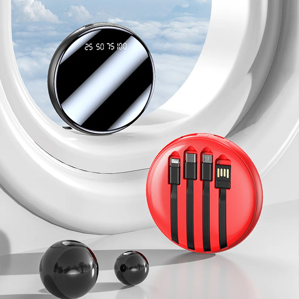 20000mAh Mini Power Bank Round shape Mirror Fast Charging Poverbank built-in cable Phone External Battery Charger Powerbank