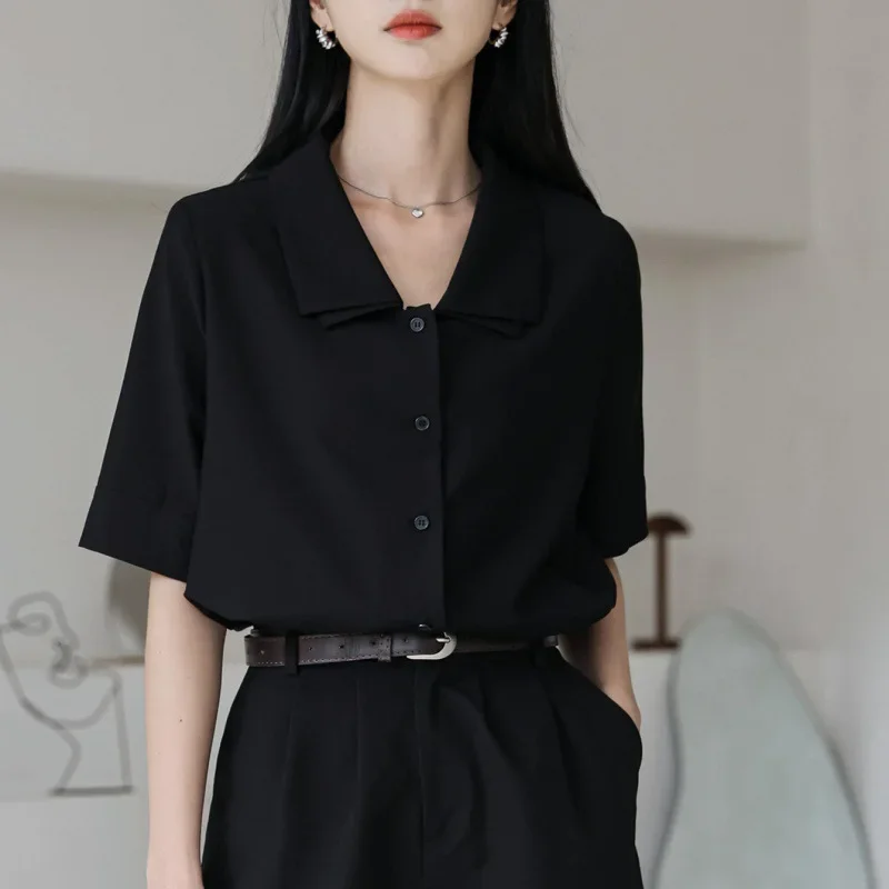 

Black clothes good-looking onesie double collar solid color short-sleeved shirt temperament shirt women's shorts short sleeves