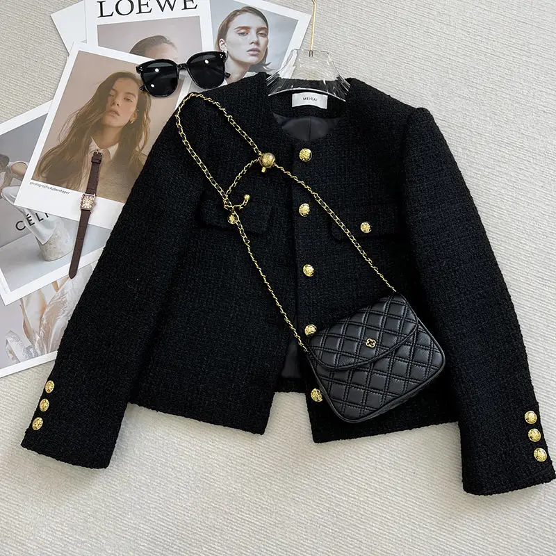 2026 Autumn Winter Short Coat Women's Small Fragrance Style round Neck Coarse Tweed Black Gold Female Fashion Outerwear