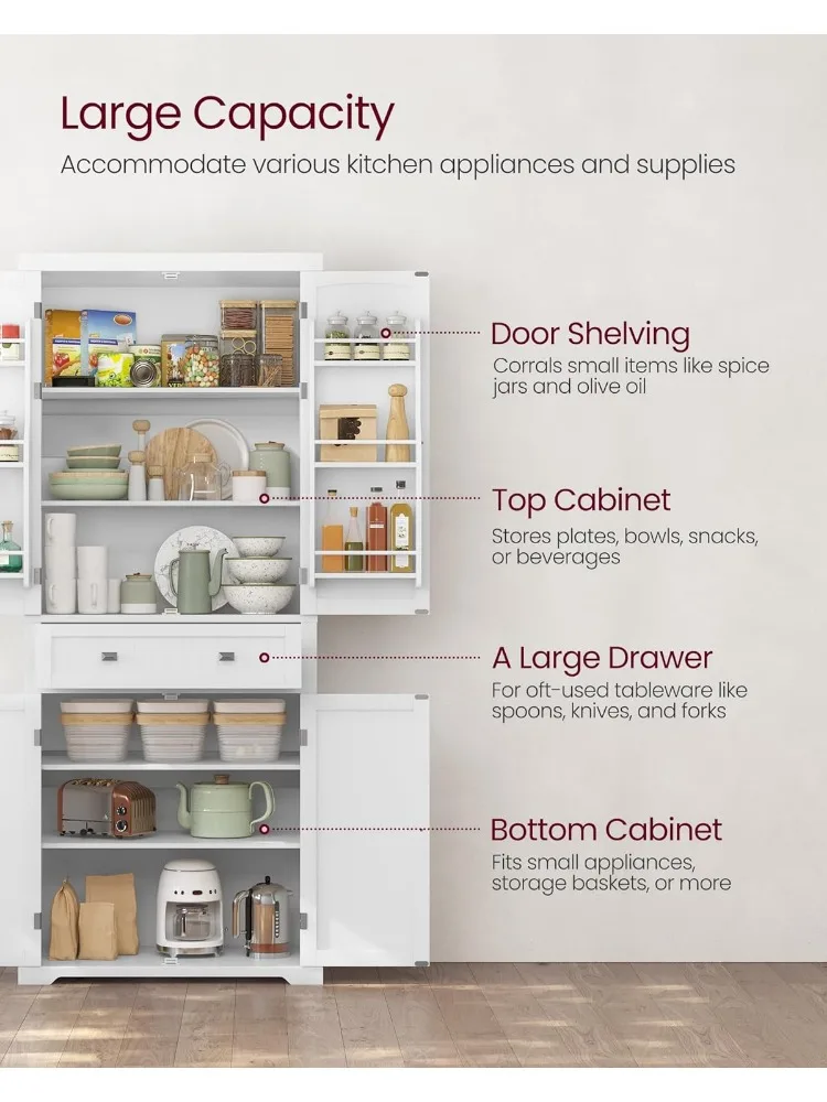 Pantry Cabinet, with a Drawer, 2 Cabinets, 4 Adjustable Shelves, 6 Door Shelves, for Living Room, Kitchen