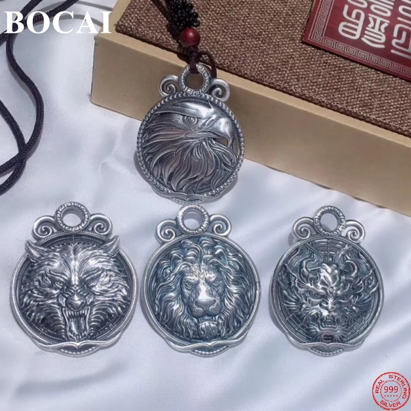 BOCAI S999 Sterling Silver Pendants for Women Men New Fashion Dragon Lion Wolf Eagle Head Argentum Amulet Jewelry