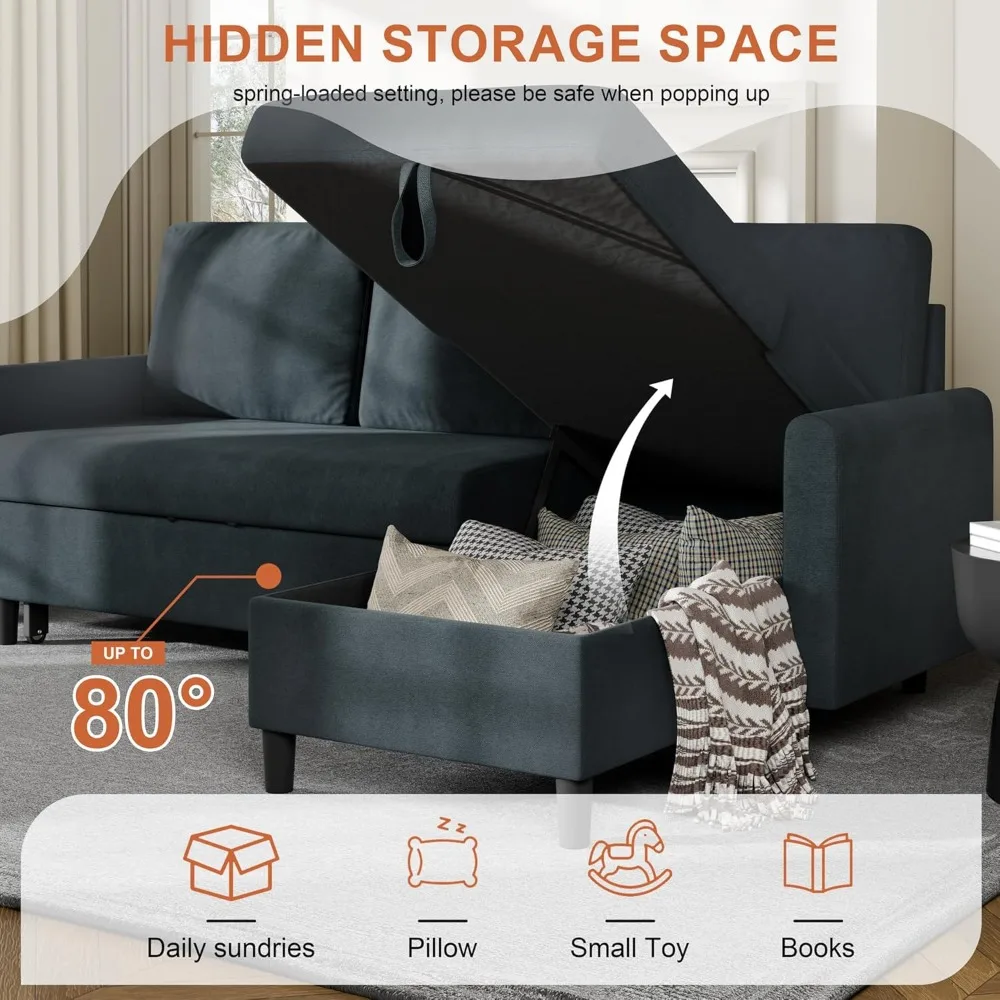 أريكة قابلة للسحب، أريكة نوم قابلة للتحويل مع مساحة تخزين، سرير أريكة صغير على شكل حرف L مع قماش كتان لغرفة المعيشة، Apar #5