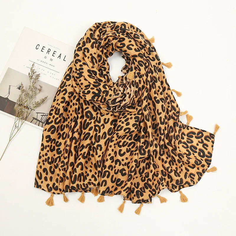 85*180CM Fashion Cotton Tassel Hijab Scarf Printed Leopard Shawl for Women Muslim Headband Ladies Four Sided Tassel Wraps