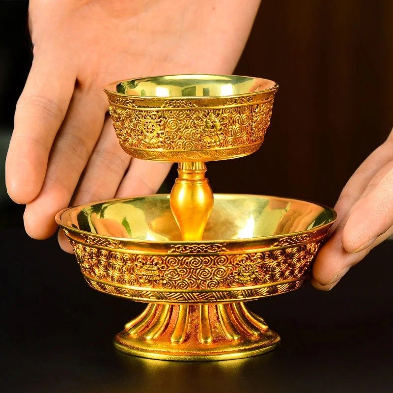 Copper full gilt engraved household goods water supply cup for wine glass, eight auspicious holy water cup ornament