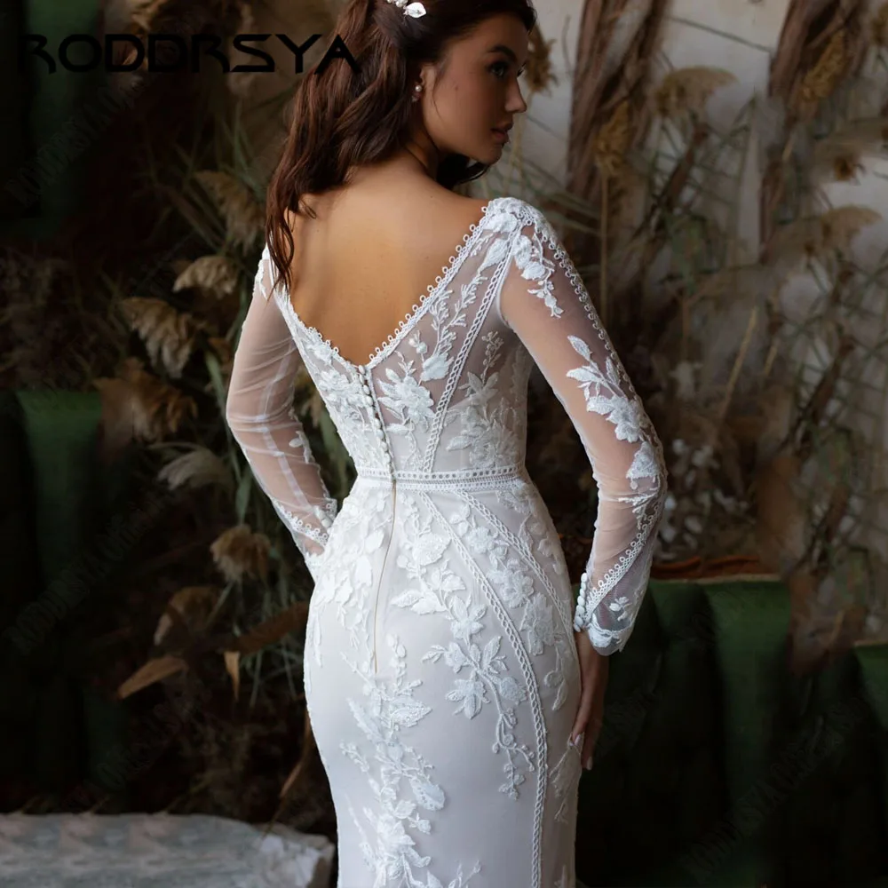 RODRSYA Sereia V-Neck Lace Vestido de Noiva Elegante Mangas Longas Backless TuRODDRSYA Sereia V-Neck Lace Vestido De Noiva Elegante Mangas Compridas Backless Tulle Vestido De Noiva Custom Made Applique Vestido De Noiva