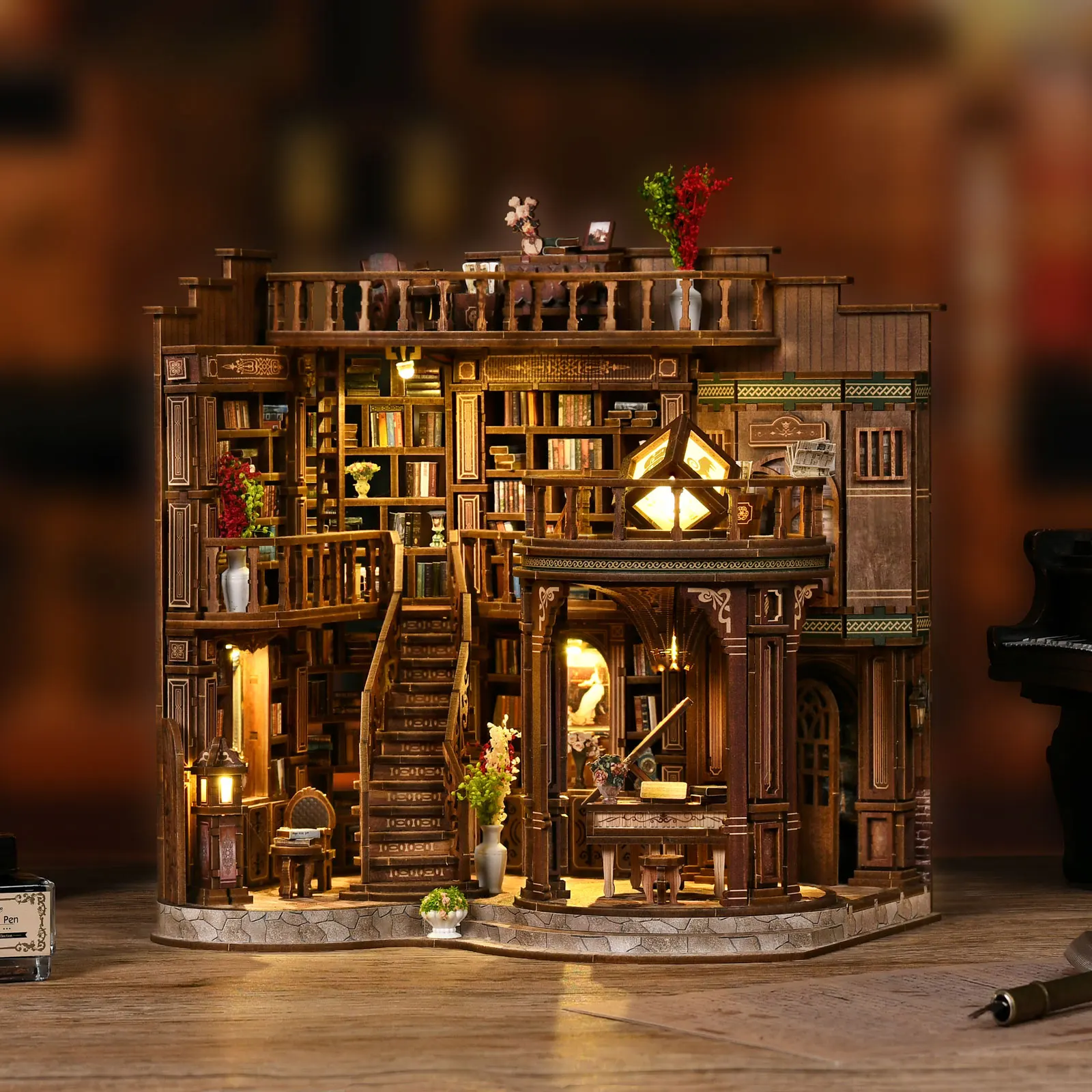 Cool Vintage Library Miniature Book Nook DIY Wooden Puzzle Bookshelf Insert Handmade Dollhouse Display Decor Gift