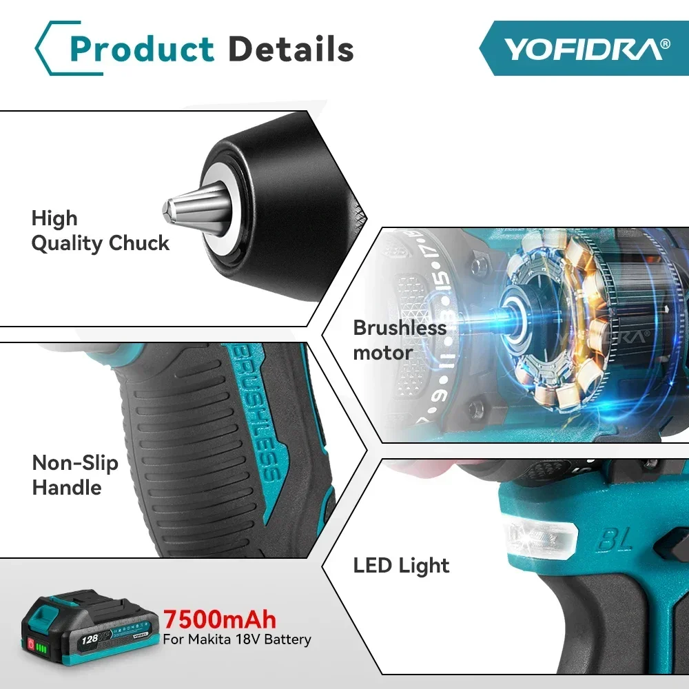 YOFIDRA 10mm Brushless Electric Drill Screwdriver 21+2 Torque Cordless Efficient Impact Drill Power Tool For Makita 18V Battery