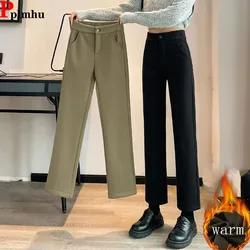 Korean Velvet Lined Woolen Loose Suit Pants Winter Warm High Waist Thicken Straight Pantalones Women Casual Baggy Wide Leg Calca