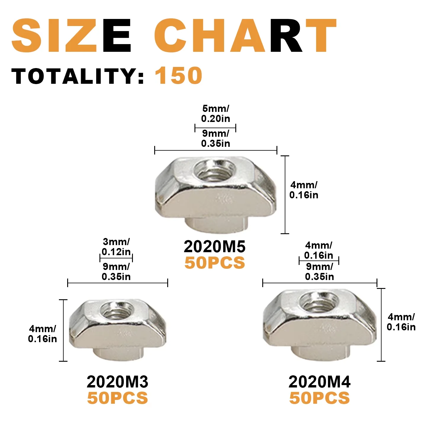 150Pcs 2020 Series T Nuts, M3 M4 M5 T Slot Nuts Hammer Head Fasteners Nut Sorting Kit For 20 Series Aluminum Profiles