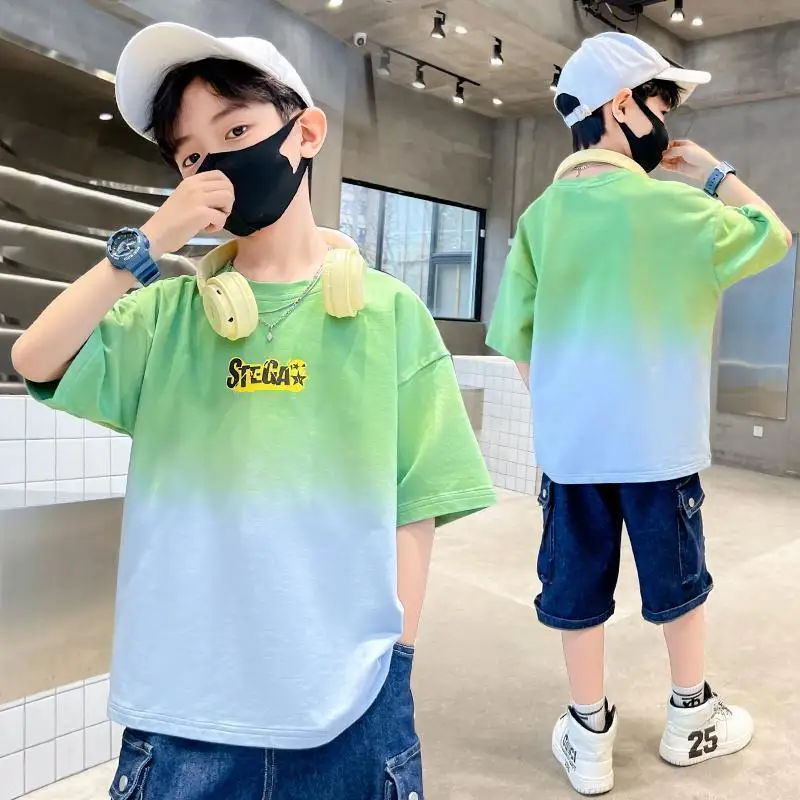 Boys Summer Cotton Fashion Gradient Short Sleeve T-shirts 2023 New Youth Teenage 5-14 Years Boys Streetwear Outfits Tops Clothes