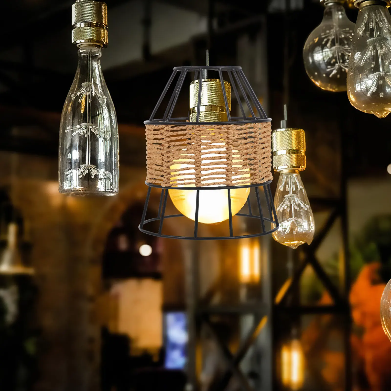 Handwoven Paper Rope Lamp Shade E27 Wicker Pendant Light Cover Hollow Metal Frame for Living Room Decor