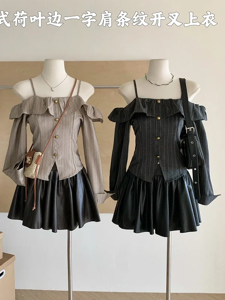 Fall Winter Women Shoujo Y2k Vintage Coquette Slash Neck Striped T-Shirts Mori Girl Tees Long Sleeve Crop Tops 2000s Aesthetic