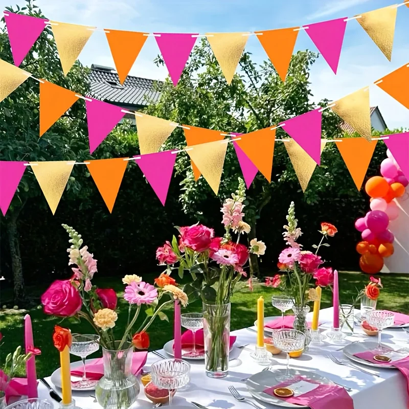 15 Flaggen/Packung Gold Hot Pink Orange Dreieckige Wimpelkette Party-Dekoration Geburtstag Hochzeit Babyparty