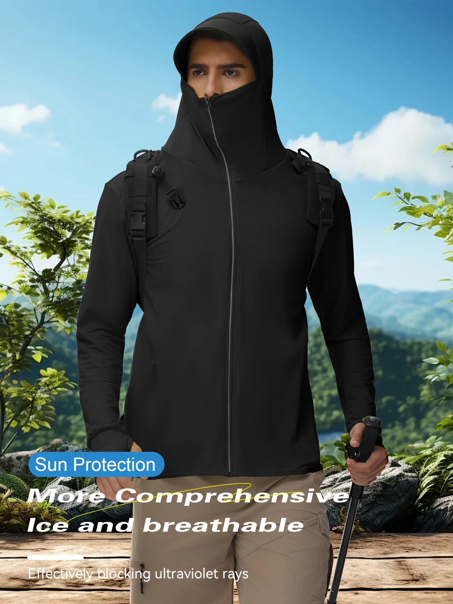 Long Sleeve Men's Solid Color Zip Up Hooded Sun Protection Slim Fit Coat for Outdoors & Sports #5
