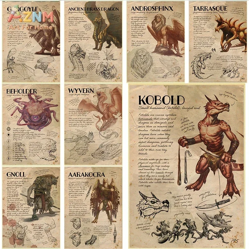 AZNM Vintage DND Monster Canvas Print Kobold Beholder Dragon Gargoyle Fantasy Creature Retro Parchment Game Wall Decor Unframed