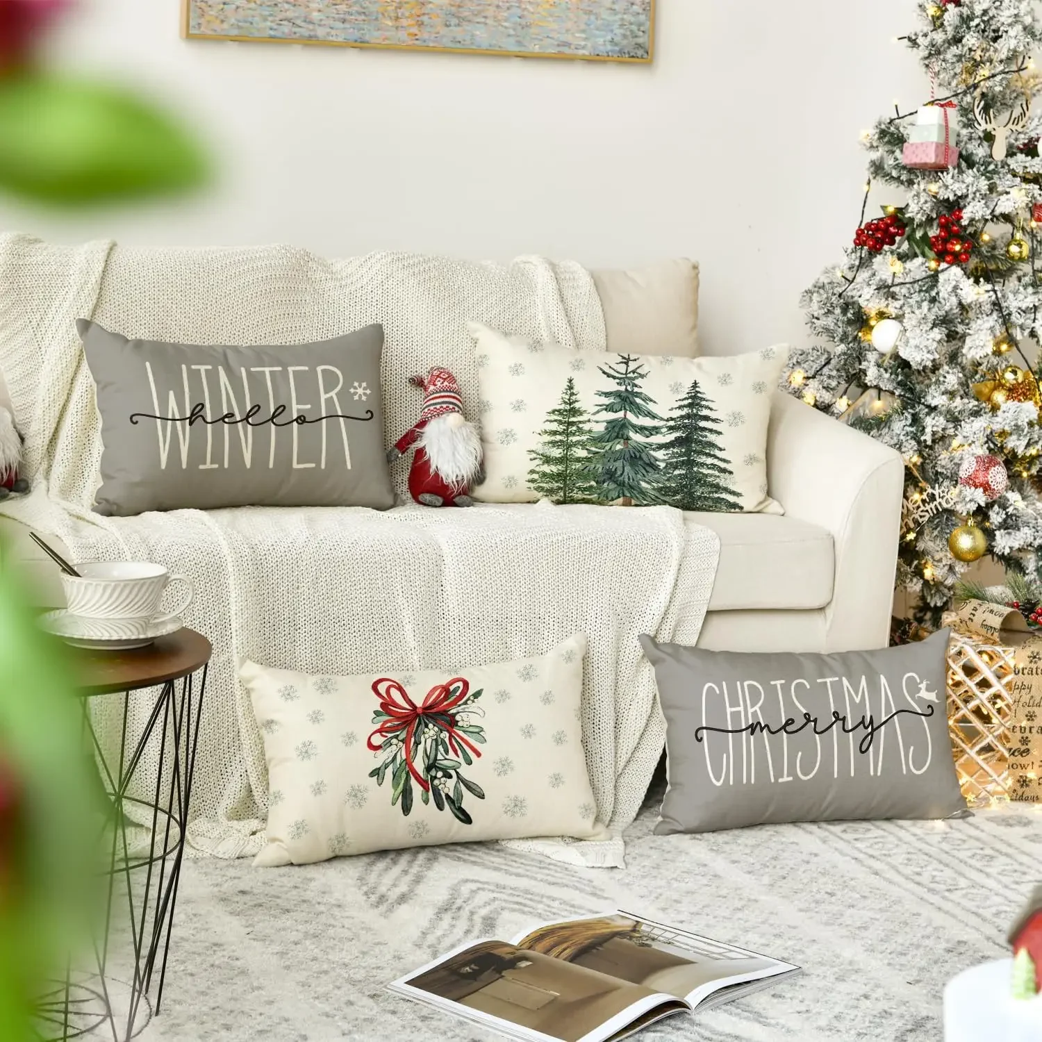 Merry Christmas Tree Hello Winter Throw Pillow Covers, Mistletoe Pine Spruce Holiday Cushion Case Decoration for Sofa Couch