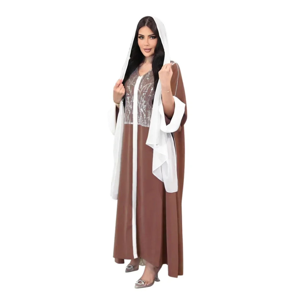 فستان ساتان متباين الألوان للنساء المسلمات في الشرق الأوسط، فستان مطرز بالترتر، عباية طويلة فضفاضة