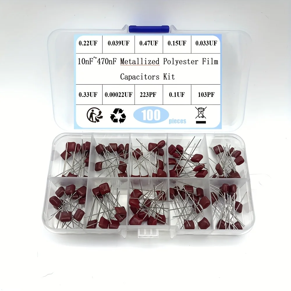 100pcs/lot 10nF~470nF Metallized Polyester Film Capacitors Assortment Kit High precision and stability samples CBB capacitor set