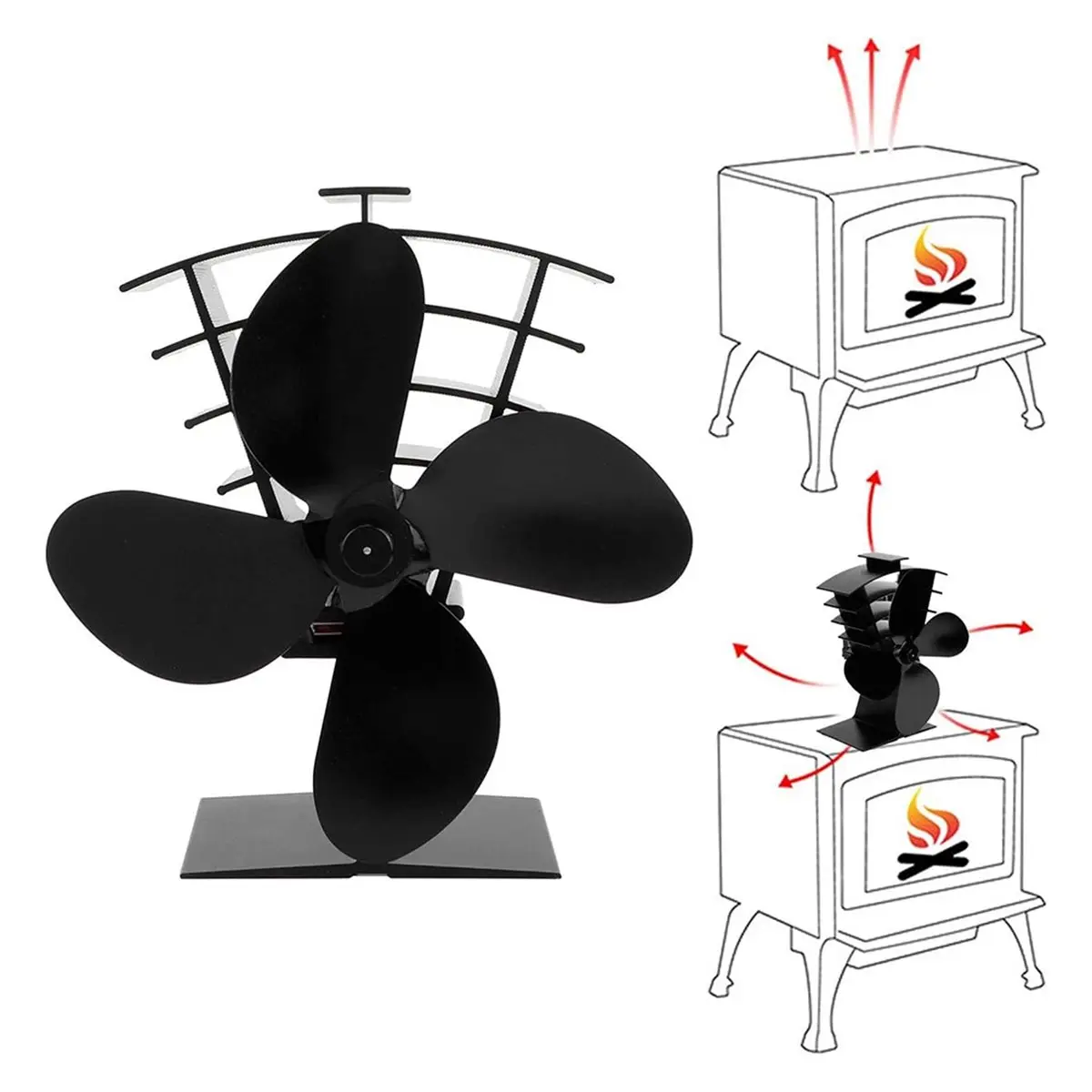 Wood Stove Fan Aluminum Withstand High Temperature Wood Stove Fan Heat Powered 4 Blades Wood Stove with A Safety Device