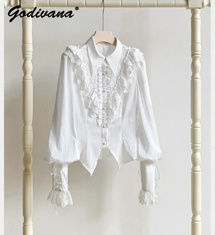 

Новинка 2025, осенняя рубашка в стиле ретро в придворном стиле с рукавами-фонариками, женская элегантная кружевная рубашка в стиле Лолиты с рюшами, черно-белая блузка, топы