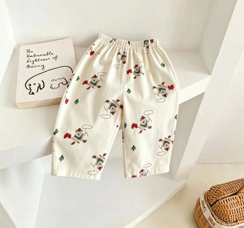 Trendy Korean Kids Cartoon Pants Breathable Cotton Bottoms For Daily Stylish Outfits Baby Boys Girls Pants Small Kid Trousers