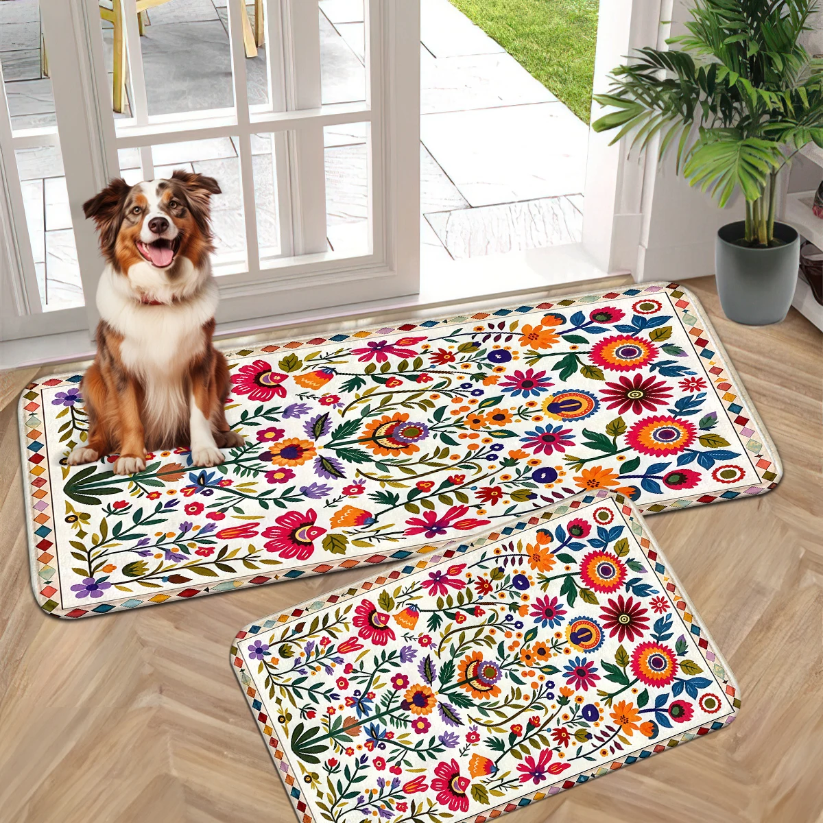ColorfulRetro Floral Mat,Plaid Smiley Door Mat Layered Flower Rug,Blue Yellow Wave Mat, Contrast Vintage Floral Smiley Decor set