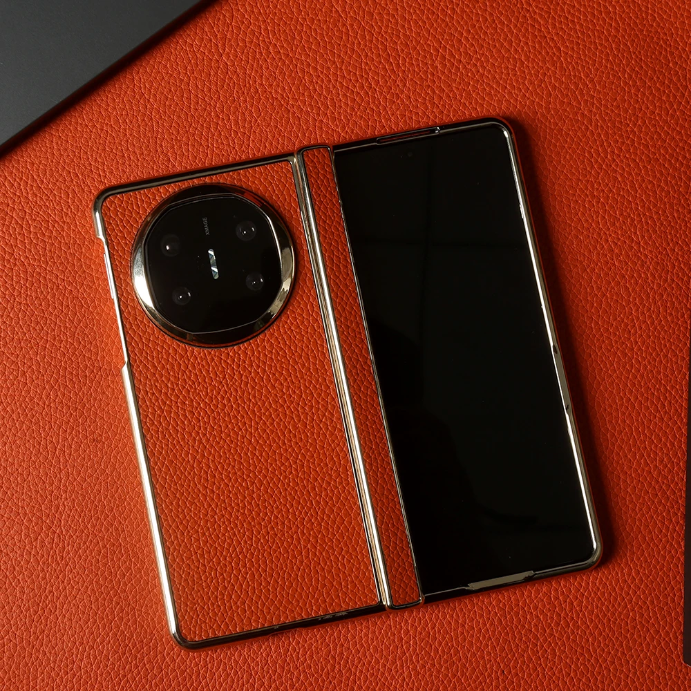 Etui z prawdziwej skóry liczi z powłoką złotą do Huawei Mate X6 X7 X5, tylna obudowa na telefon MateX6 MateX7 MateX5, konstrukcja z osią centralną. — zdjęcie produktu 2