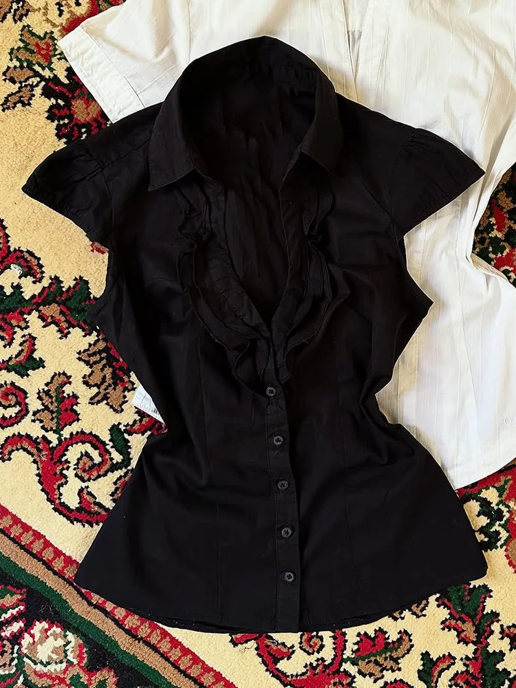 

Original Unique Ele Bla Small Top Slimming Waist Design Beautiful irt for Young Women Commute Sle Cotton Blend