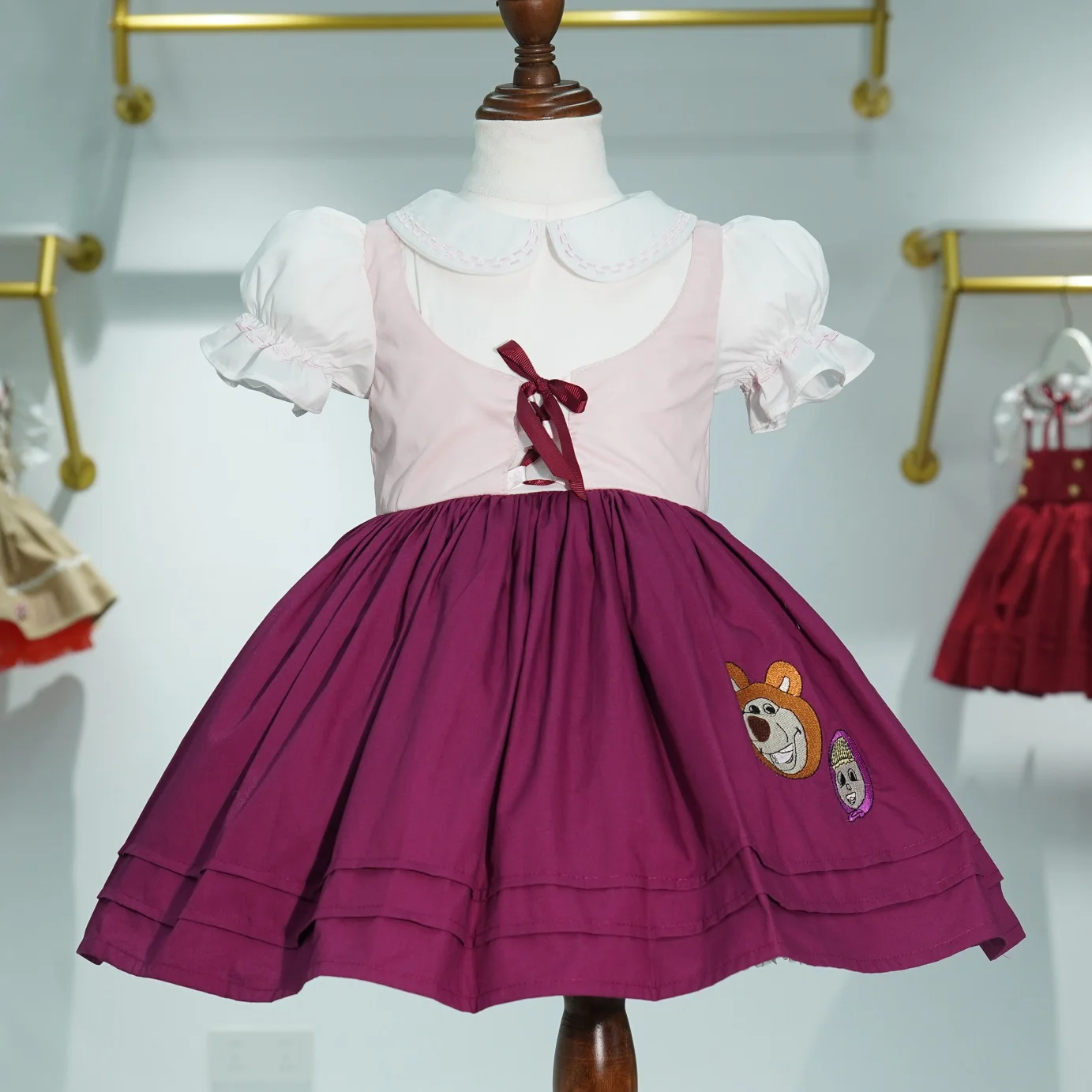 0-12Y Baby Girl Summer Pink Bear Little Red Riding Embroidery Vintage Princess Ball Gown Dress for Eid Birthday Causal B231