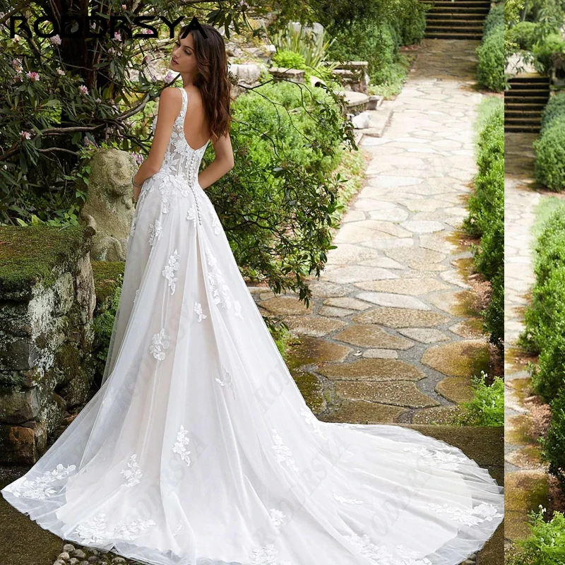 RODDRSYA-Vestido De novia con cuello en V, traje De novia De línea A, tirantes finos, apliques De encaje, ilusión De tul, botón trasero, fiesta De noviaVestido De novia con cuello en V, traje De novia De línea A, tiran