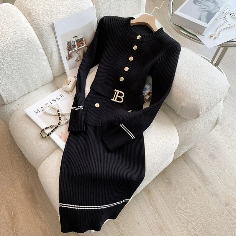 

2024 New Autumn Winter Women Knitted Dress Brand Fashion O-neck Buttons Bodycon Sweater Dress with Belt Lady Office Dress