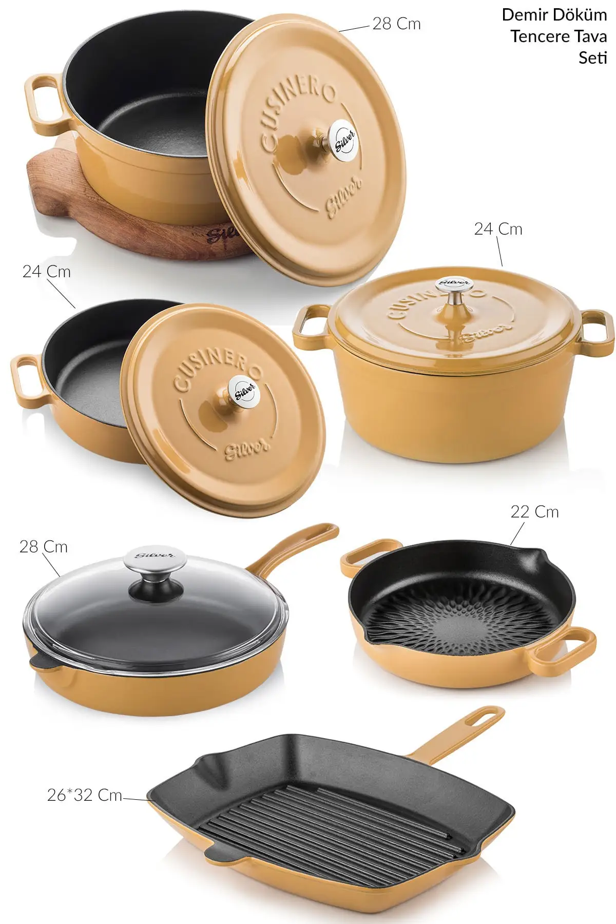 Cast iron Cookware Frying Pan Team 10 Piece Mustard Yellow cookware set