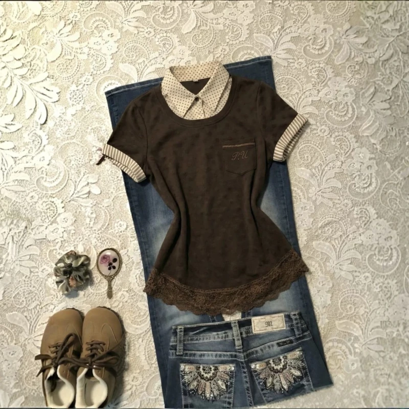 Y2k Vintage Kurzarm-T-Shirt mit Fake-Zweiteiler-Optik für Damen, Lässiges Bodycon-Oberteil im Japanischen Retro-Stil, Süßes Spitzen-Patchwork-Top für den Sommer
