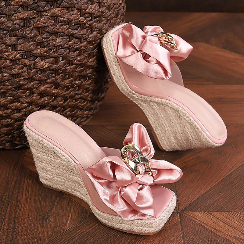 

Liyke New Wedges Slippers For Women 2024 Summer Fashion Pink Butterfly-knot Designer Sandals Platform Heels Size 46 Female Shoes