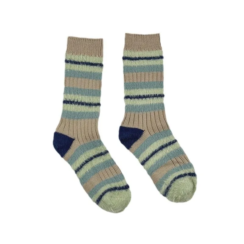 3 Paar lange, flauschige Damensocken mit mittlerer Wade, gestreift, farbblockierend, warm, für Herbst und Winter, lockere Socken für Mädchen, modisches Slouch-Socken-Set