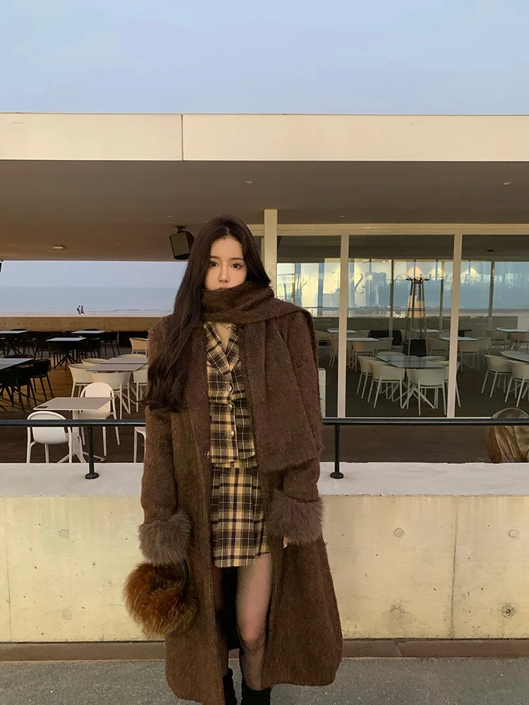 

Liuu Winter Warmth Women's Long Coat Collar up Faux Fur Jaet Medium Length Sli Polyester Fiber Scarf Included