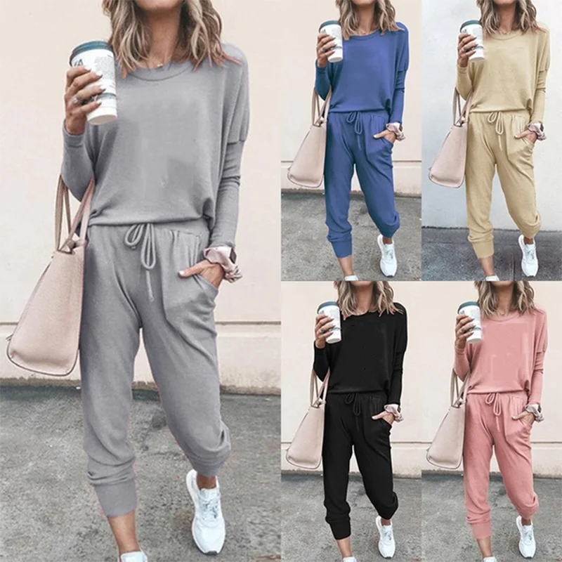 Women's Fashion Women's Solid 2 Piece Set Jogging Suit Casual Pullover Tracksuit Sportswear Long Pants Sweatshirts Outfits